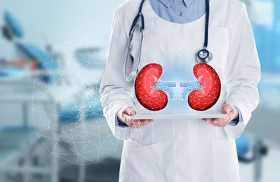 Closeup view of doctor with modern tablet indoors and illustration of kidneys