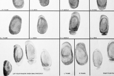 Police form with fingerprints, top view. Forensic examination