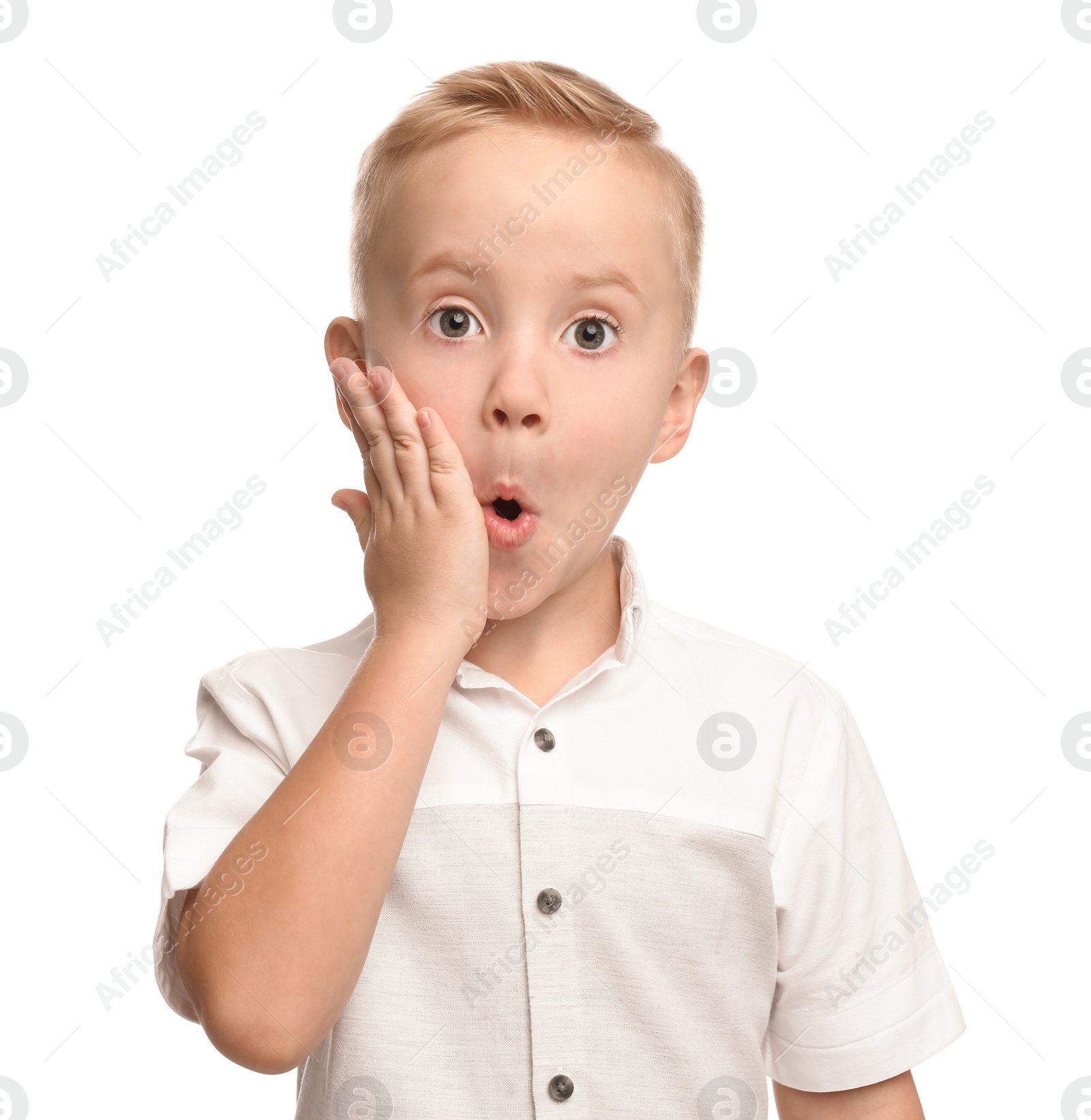 Photo of Portrait of cute little boy on white background