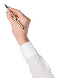 Woman holding pen on white background, closeup of hand