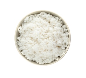 Photo of Bowl of boiled rice on white background, top view