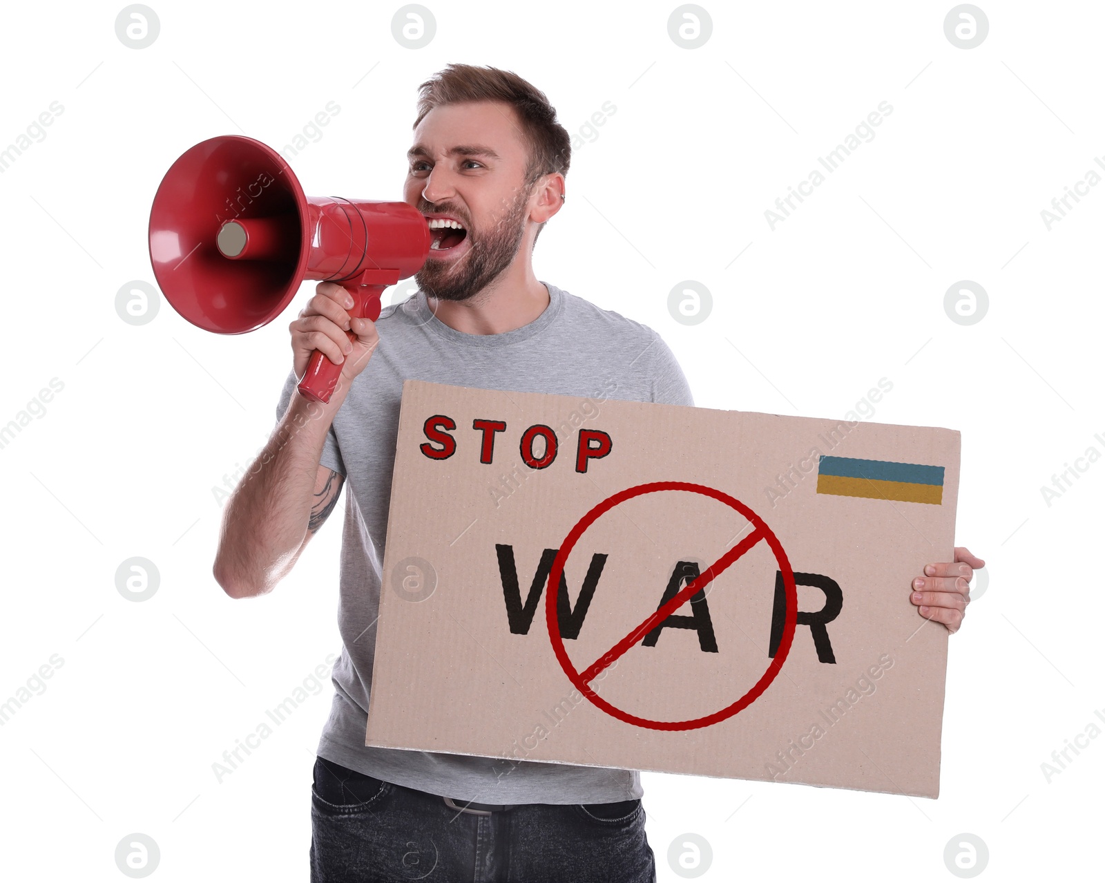 Image of Man calling for Stop War using megaphone on white background. Poster with text, Ukrainian flag and prohibition sign