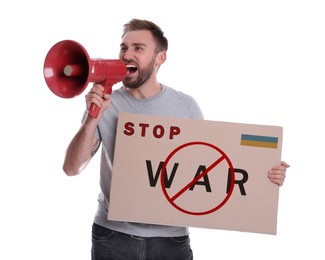 Man calling for Stop War using megaphone on white background. Poster with text, Ukrainian flag and prohibition sign