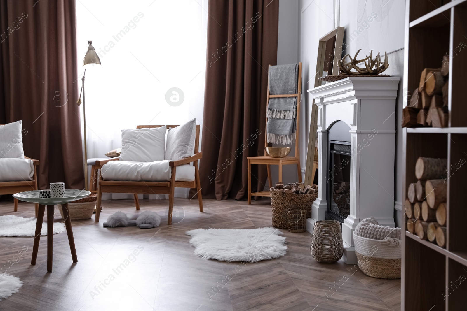 Photo of Beautiful living room interior with fireplace and armchairs