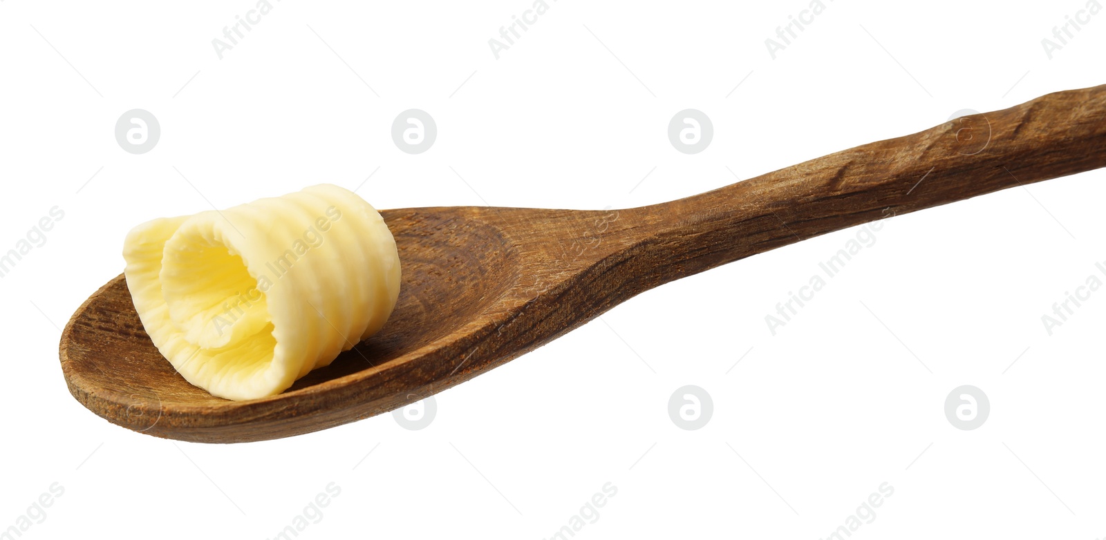 Photo of Tasty butter curl in spoon isolated on white