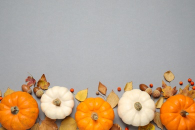 Photo of Different pumpkins, autumn leaves, berries and acorns on grey background, flat lay. Space for text