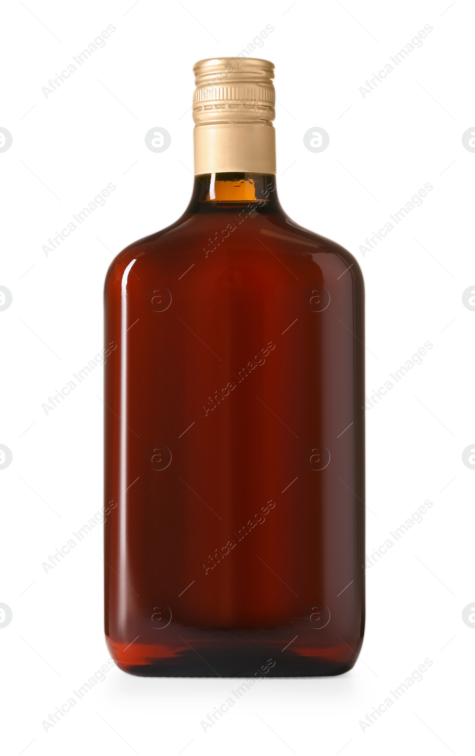 Photo of Bottle with tasty amaretto liqueur isolated on white