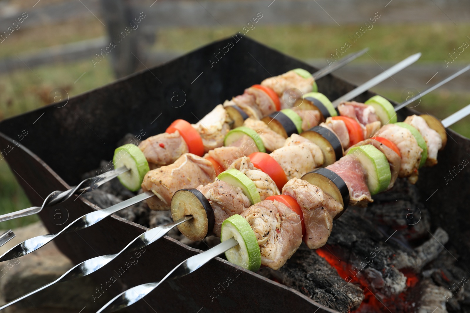 Photo of Cooking meat and vegetables on brazier outdoors