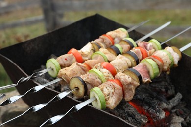 Photo of Cooking meat and vegetables on brazier outdoors