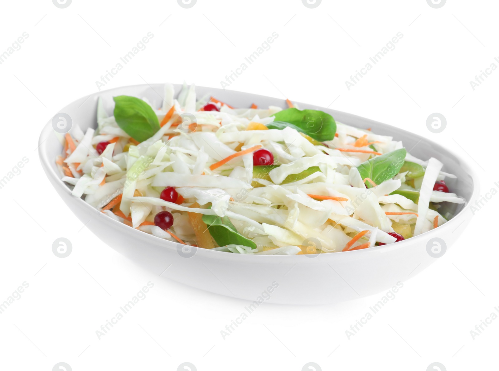 Photo of Fresh cabbage salad in bowl isolated on white