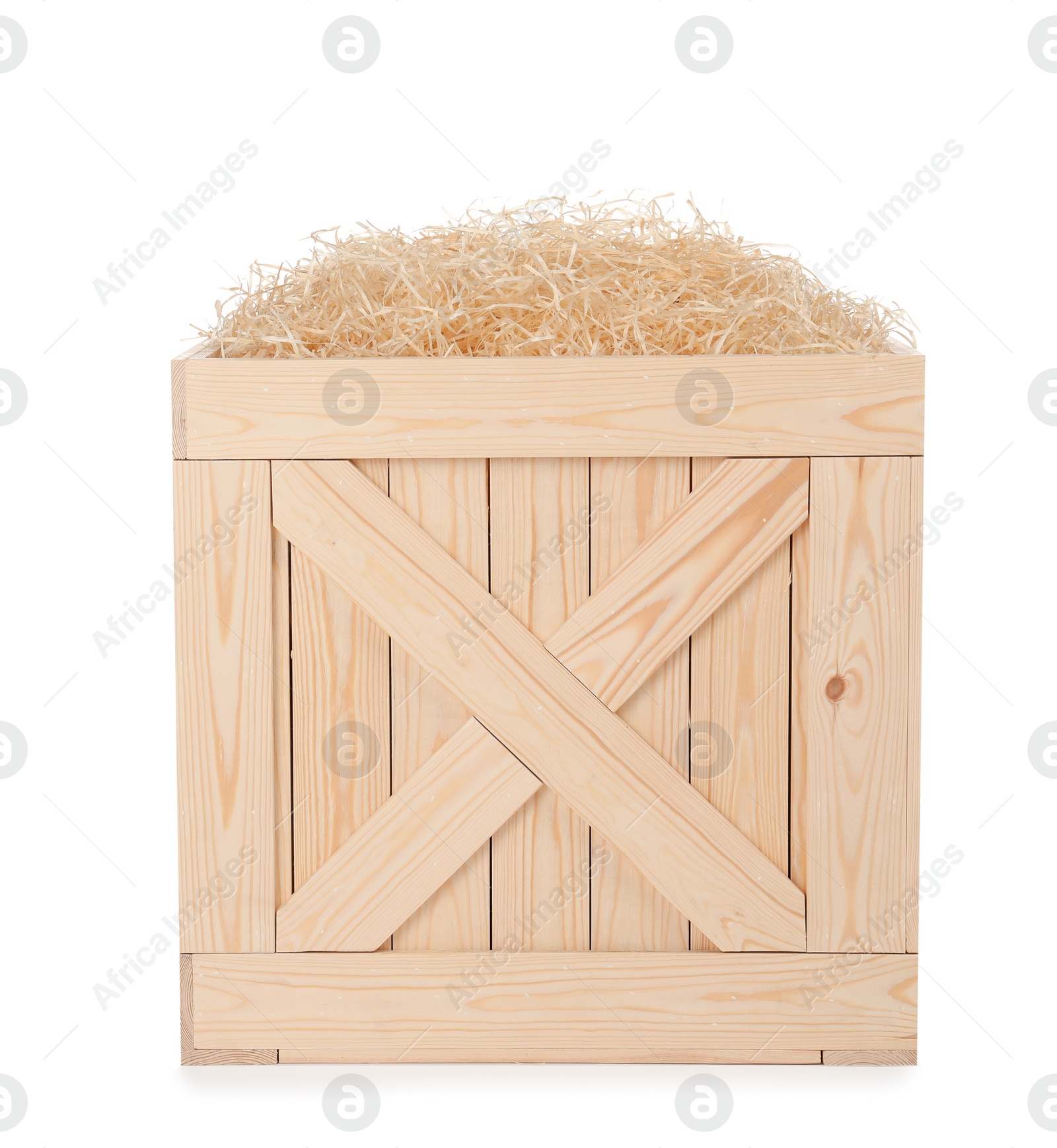 Photo of Wooden crate with filler isolated on white