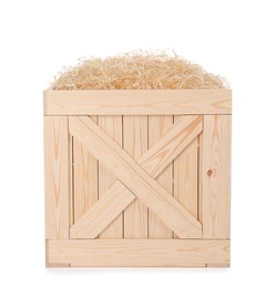 Photo of Wooden crate with filler isolated on white