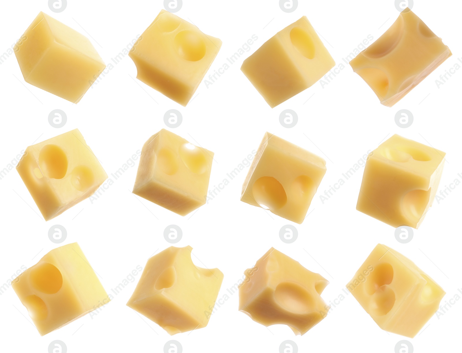 Image of Set of delicious cheese cubes on white background