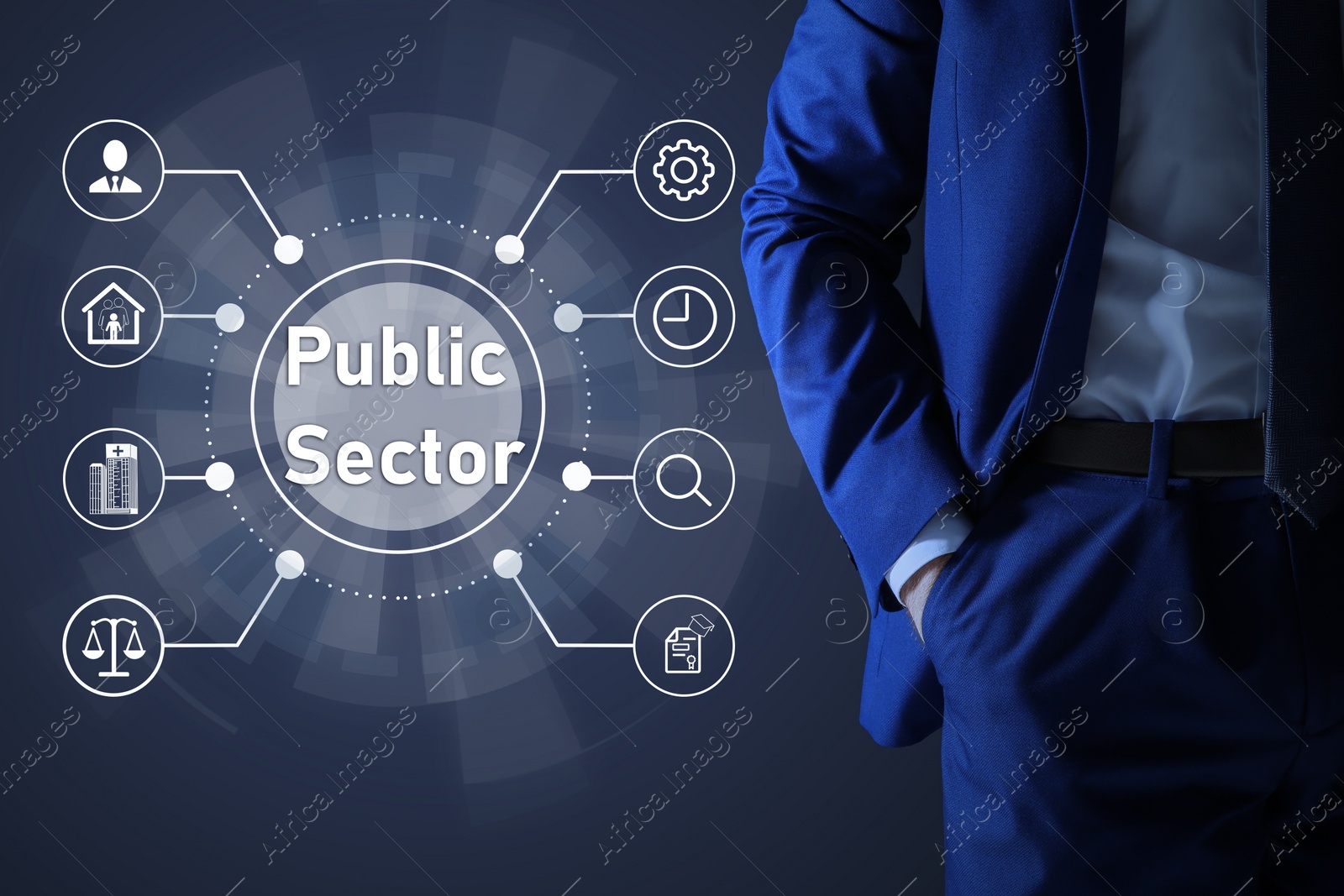Image of Public Sector concept. Man and at virtual screen with different icons on blue background, closeup