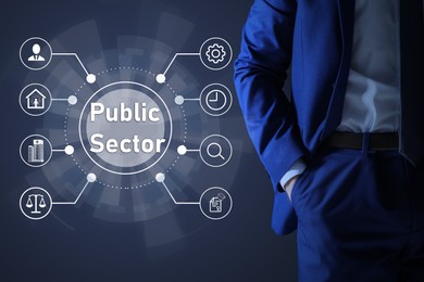 Image of Public Sector concept. Man and at virtual screen with different icons on blue background, closeup