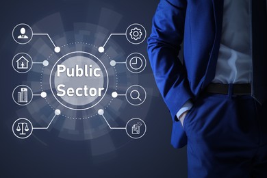 Public Sector concept. Man and at virtual screen with different icons on blue background, closeup