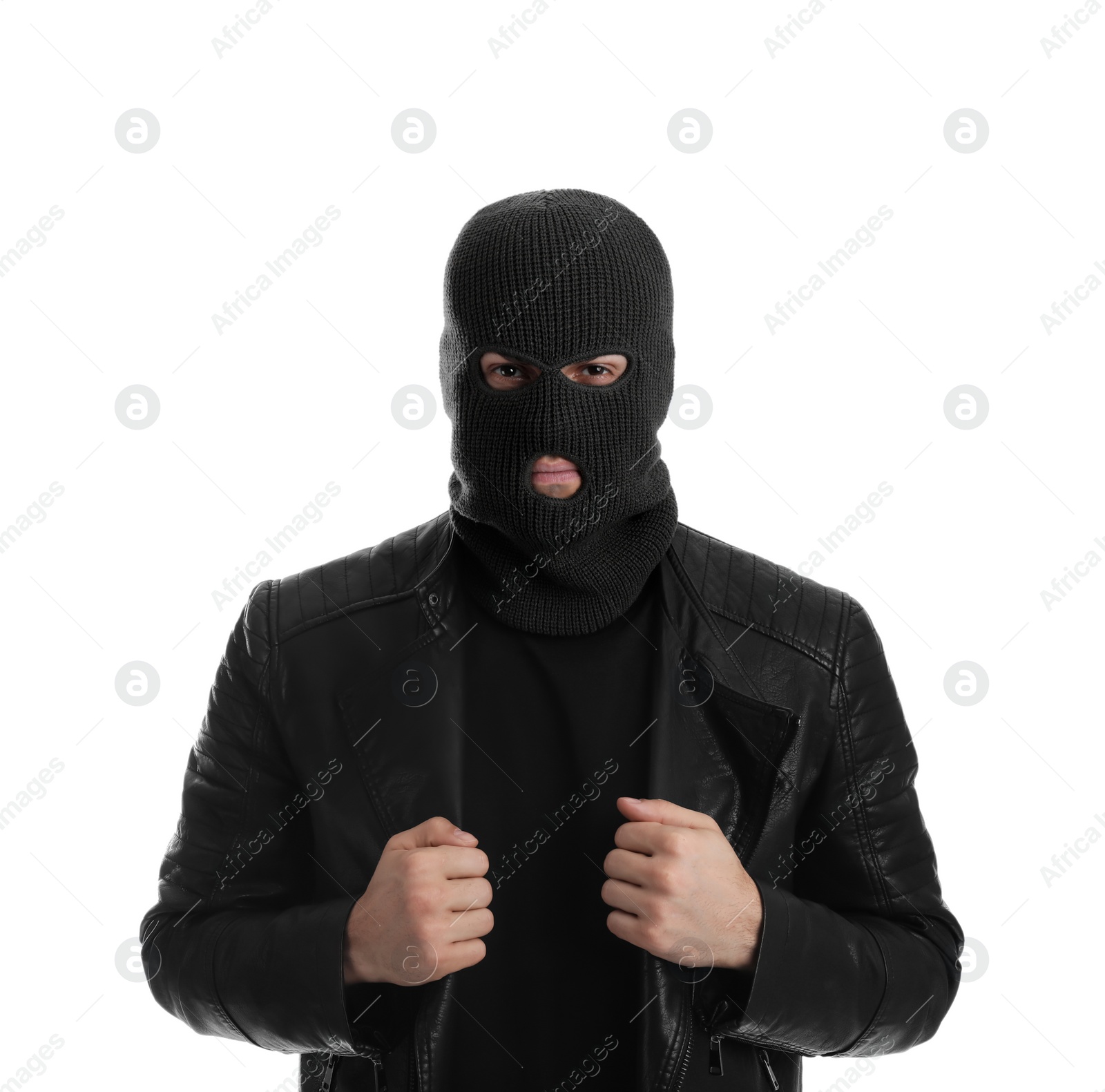 Photo of Man wearing knitted balaclava on white background