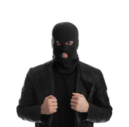 Man wearing knitted balaclava on white background