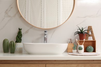 Photo of Vessel sink and different houseplants on countertop in bathroom
