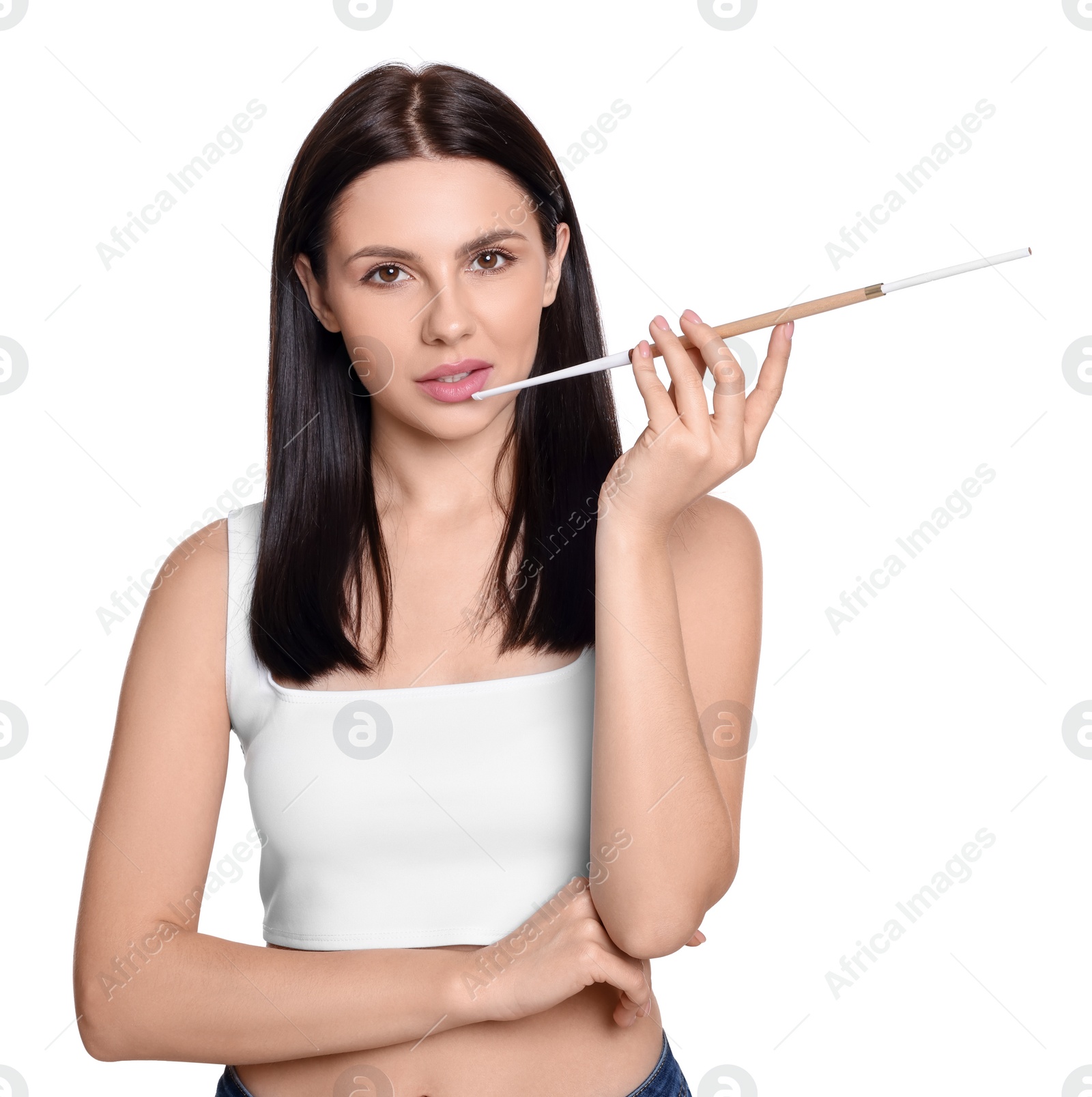 Photo of Woman using long cigarette holder for smoking isolated on white