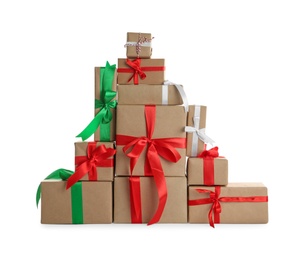 Photo of Different Christmas gift boxes on white background