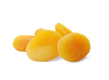 Photo of Pile of tasty apricots on white background. Dried fruits