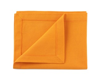 Photo of New clean orange cloth napkin isolated on white, top view