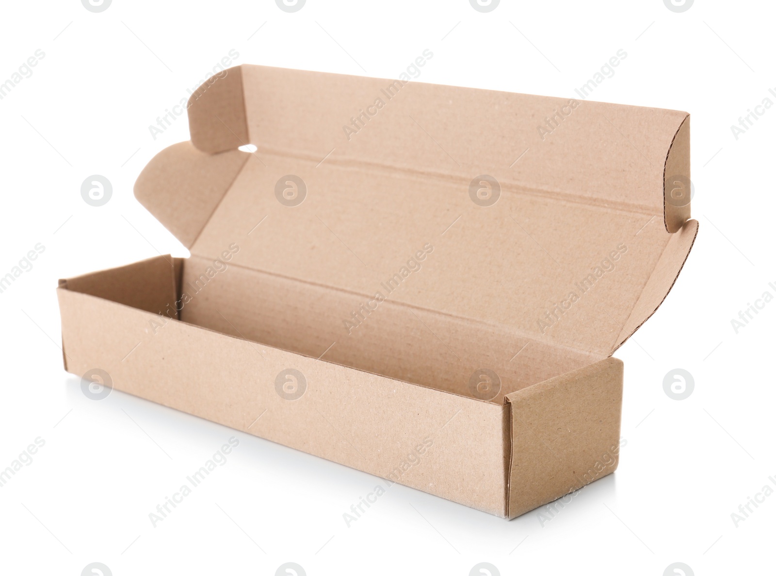 Photo of Open empty cardboard box on white background