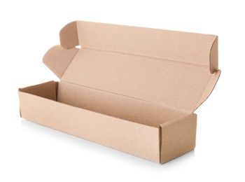 Photo of Open empty cardboard box on white background