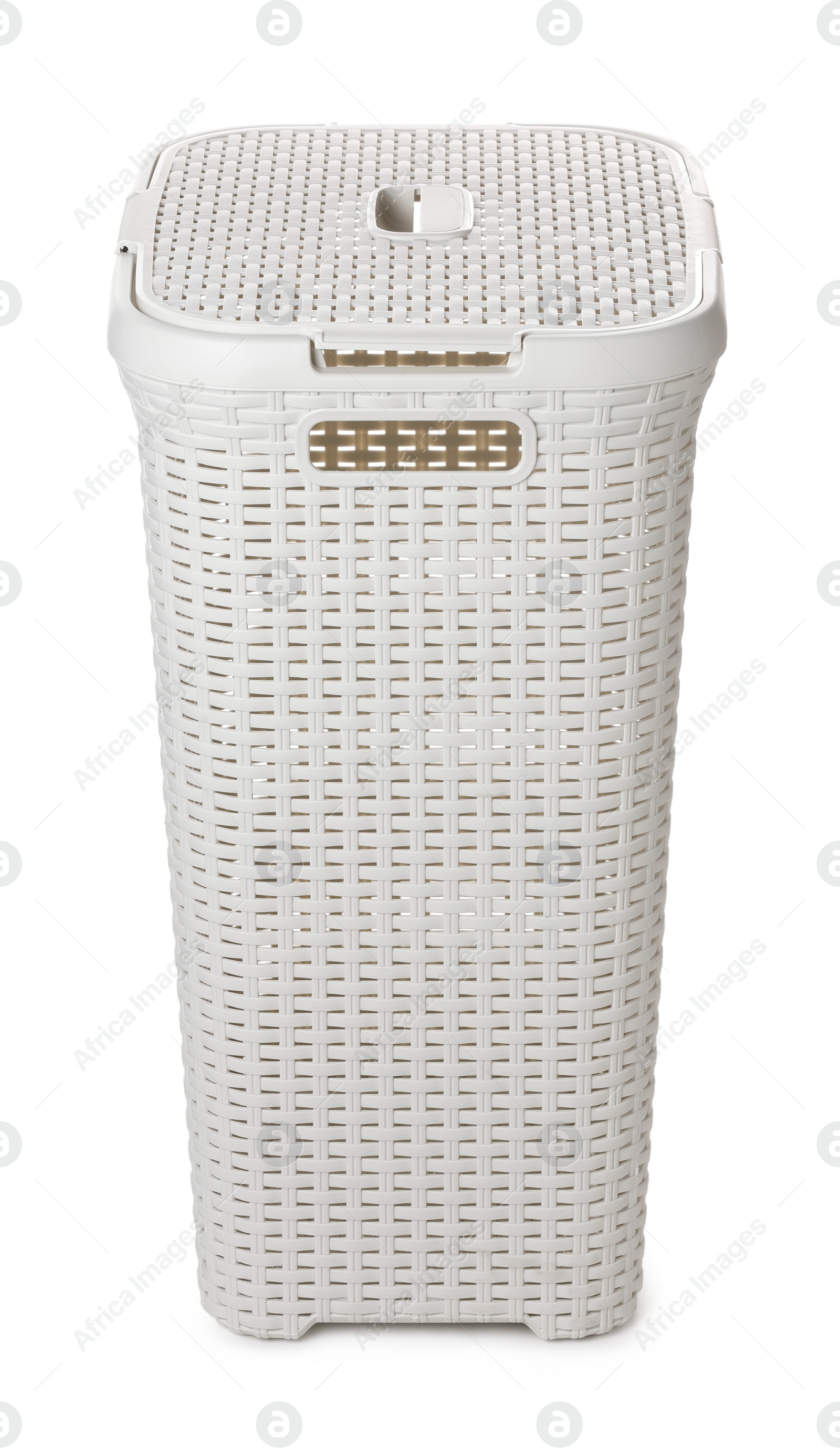 Photo of One empty plastic laundry basket isolated on white