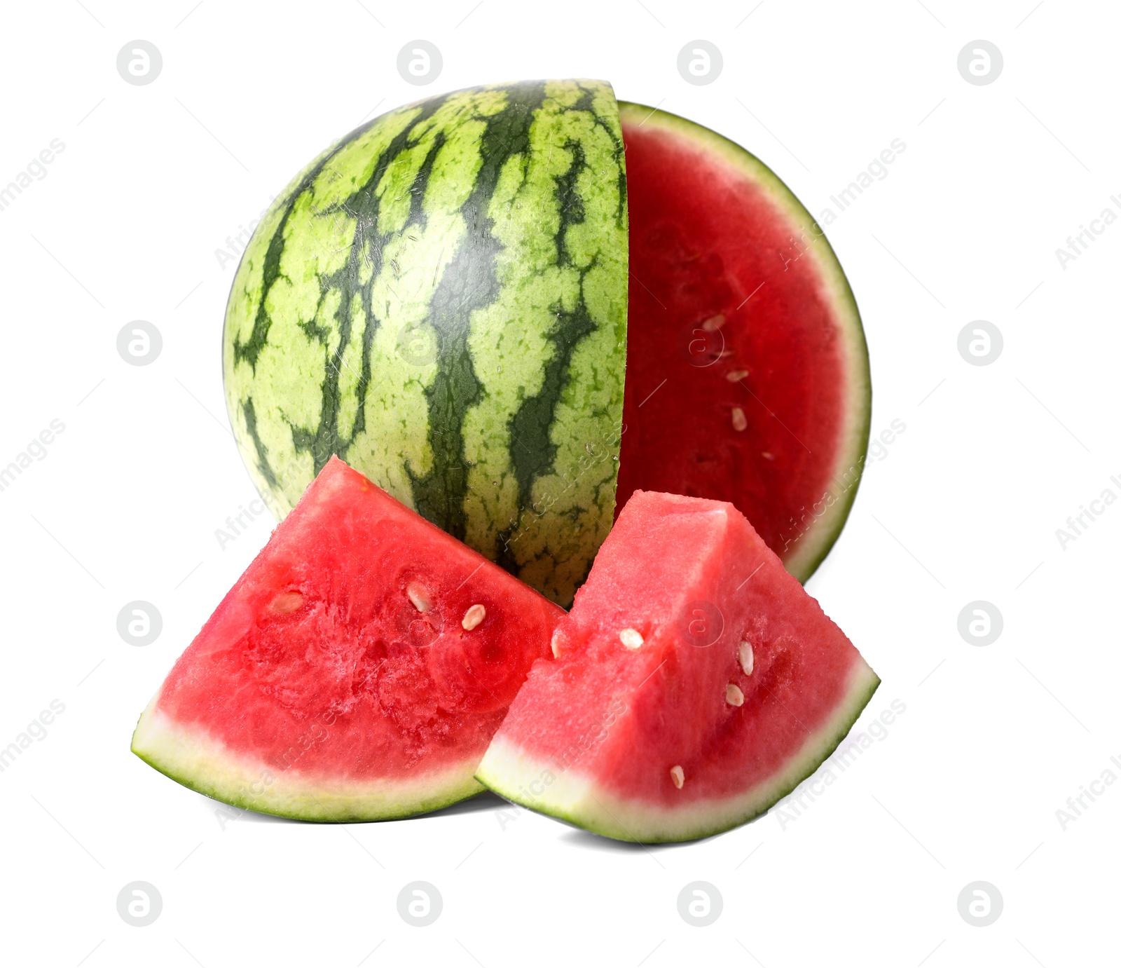 Photo of Delicious cut ripe watermelons on white background