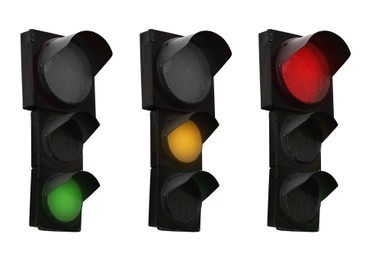 Collage of traffic signal with different glowing lights (red, orange, green) isolated on white