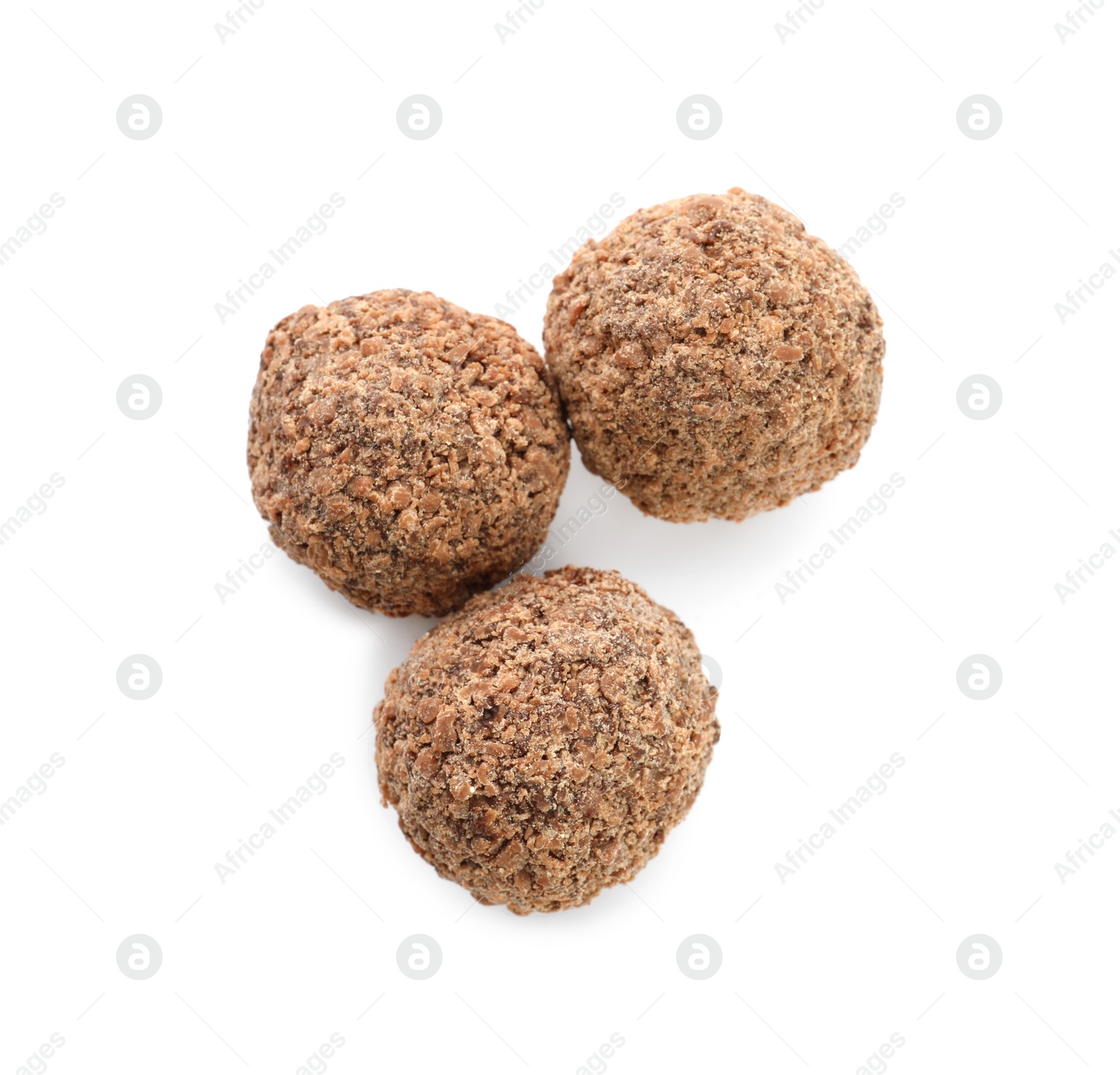 Photo of Delicious chocolate truffles on white background, top view