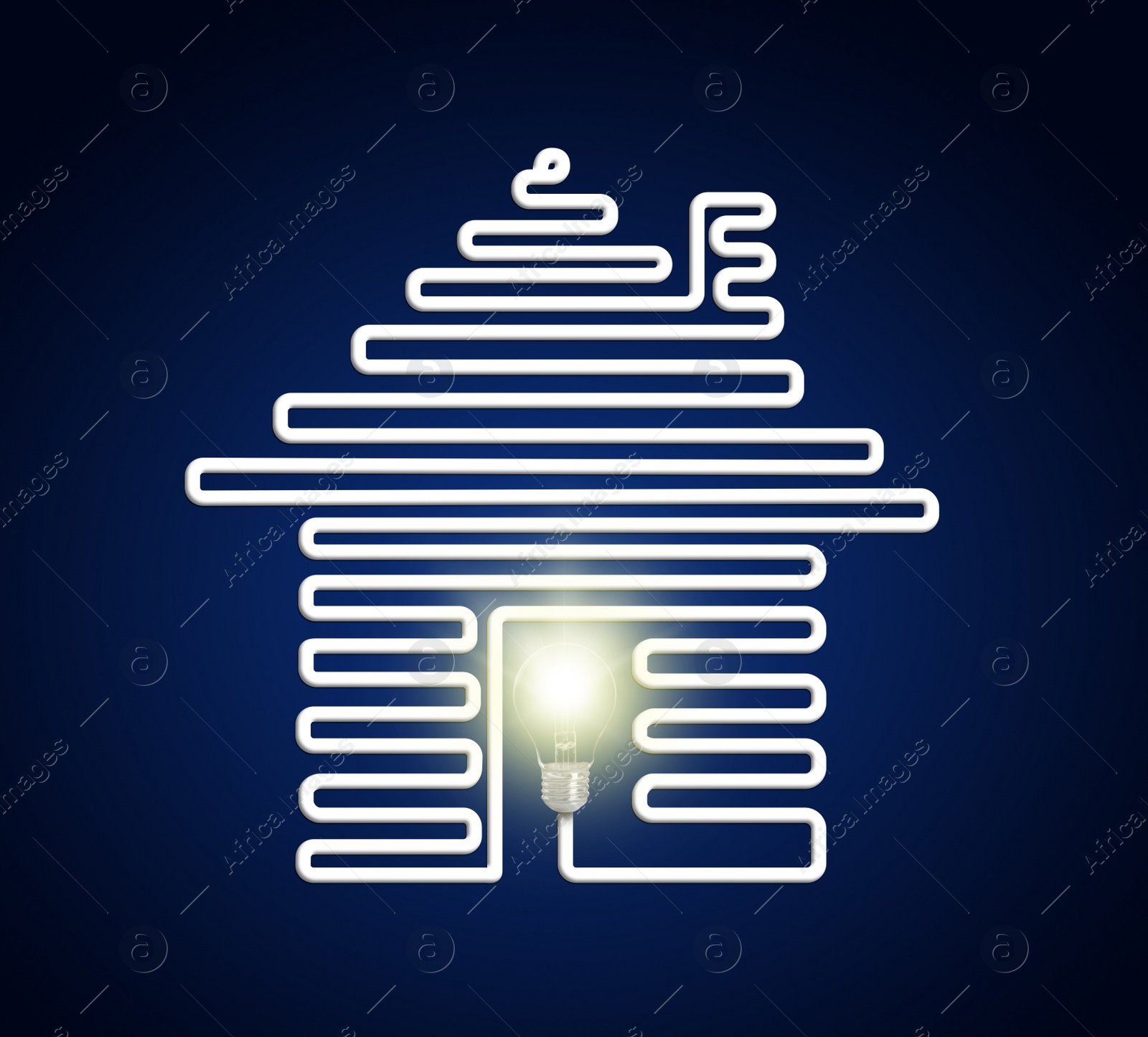 Image of Creative image of house with light bulb on dark background. Energy efficiency, loan, property or business idea concepts