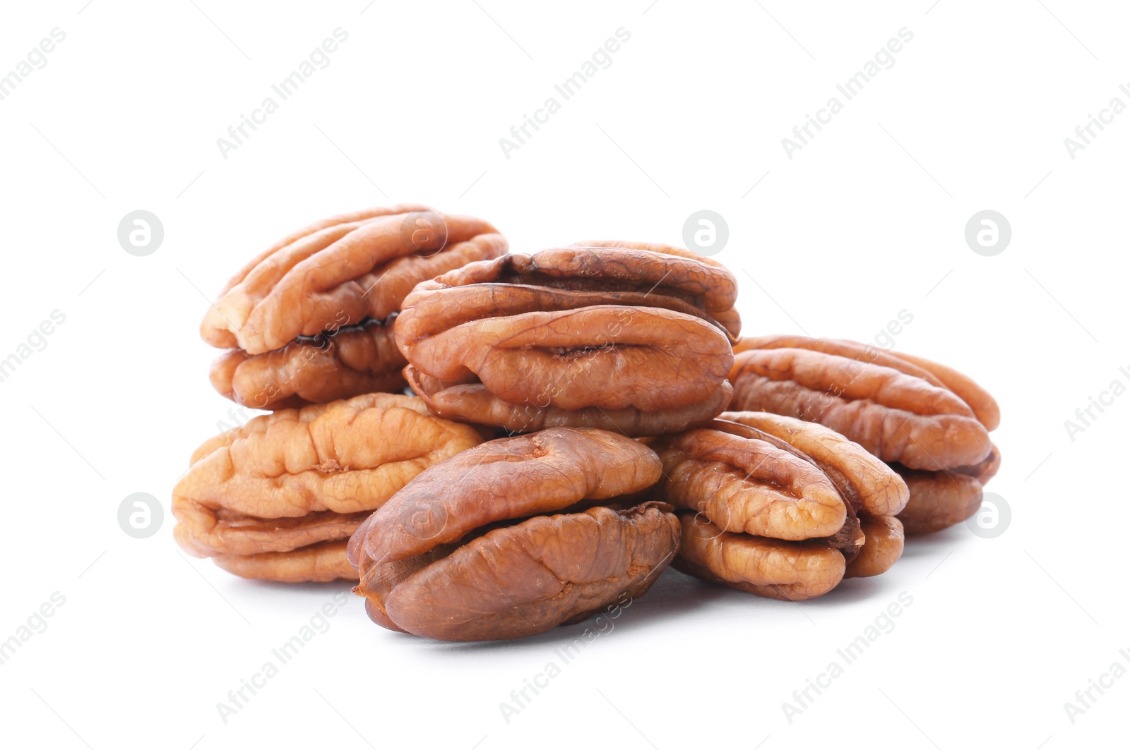 Photo of Heap of ripe shelled pecan nuts on white background