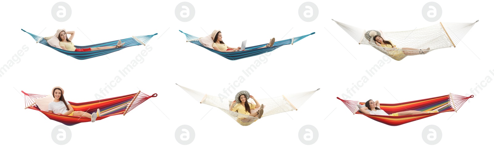 Image of Collage with woman resting in different hammocks on white background. Banner design