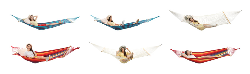 Image of Collage with woman resting in different hammocks on white background. Banner design