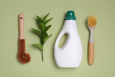 Photo of Bottle of cleaning product, brushes and decorative branch on green background, flat lay