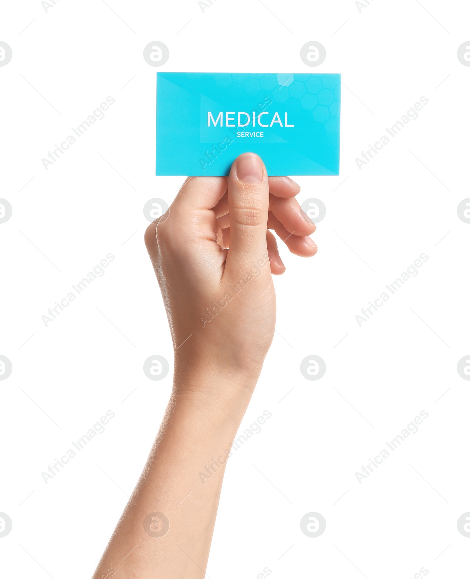 Photo of Woman holding business card isolated on white, closeup. Medical service