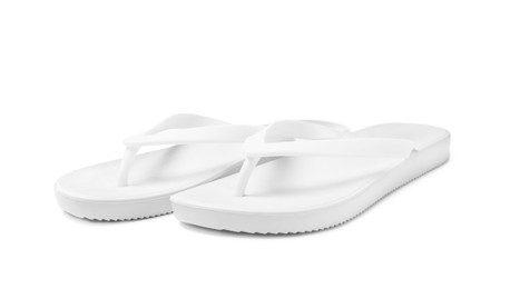 Photo of Pair of stylish flip flops isolated on white