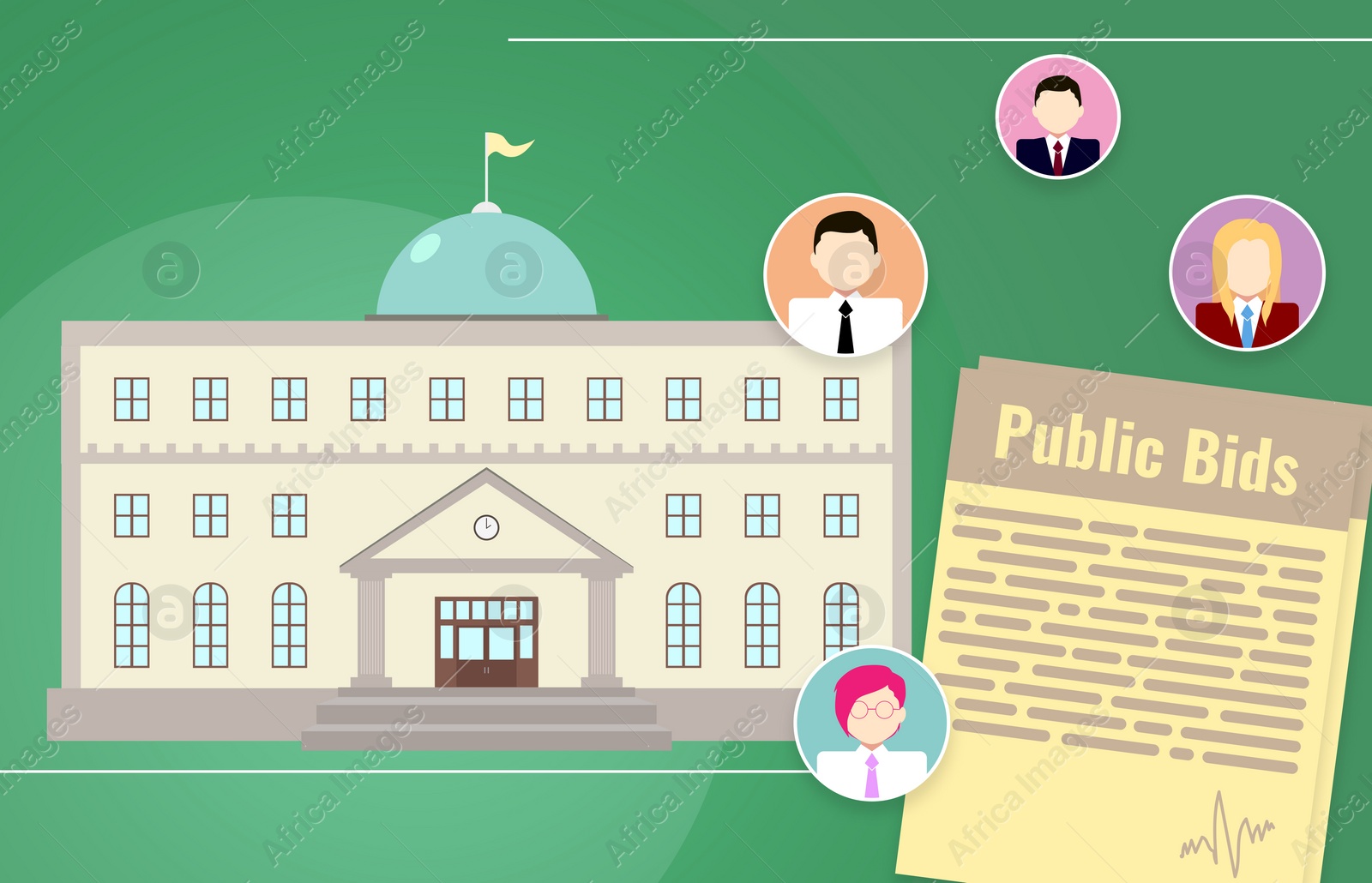 Illustration of Government procurement. Municipal building, Public Bids documents and icons on green background, illustration