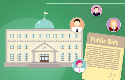 Illustration of Government procurement. Municipal building, Public Bids documents and icons on green background, illustration
