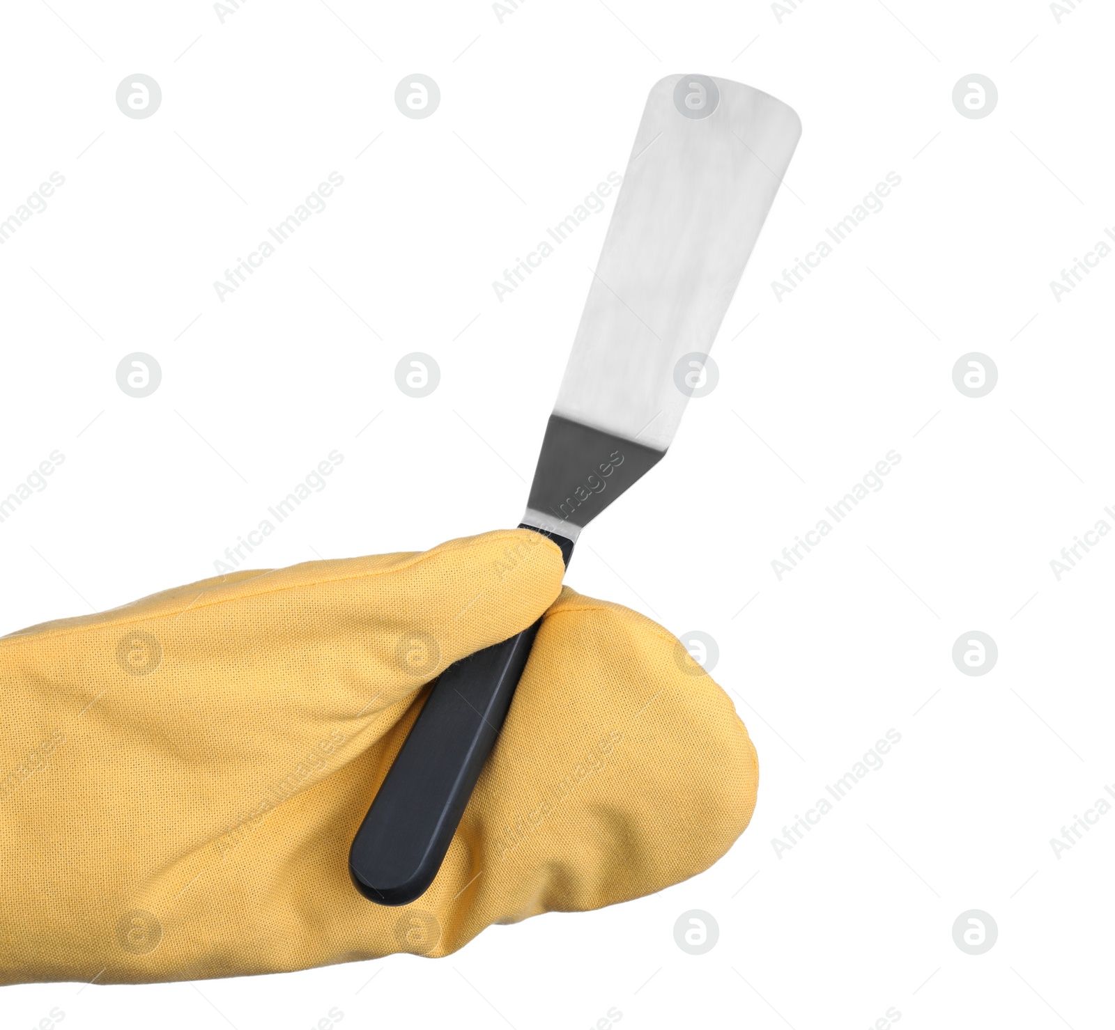 Photo of Chef in oven glove holding spatula on white background, closeup