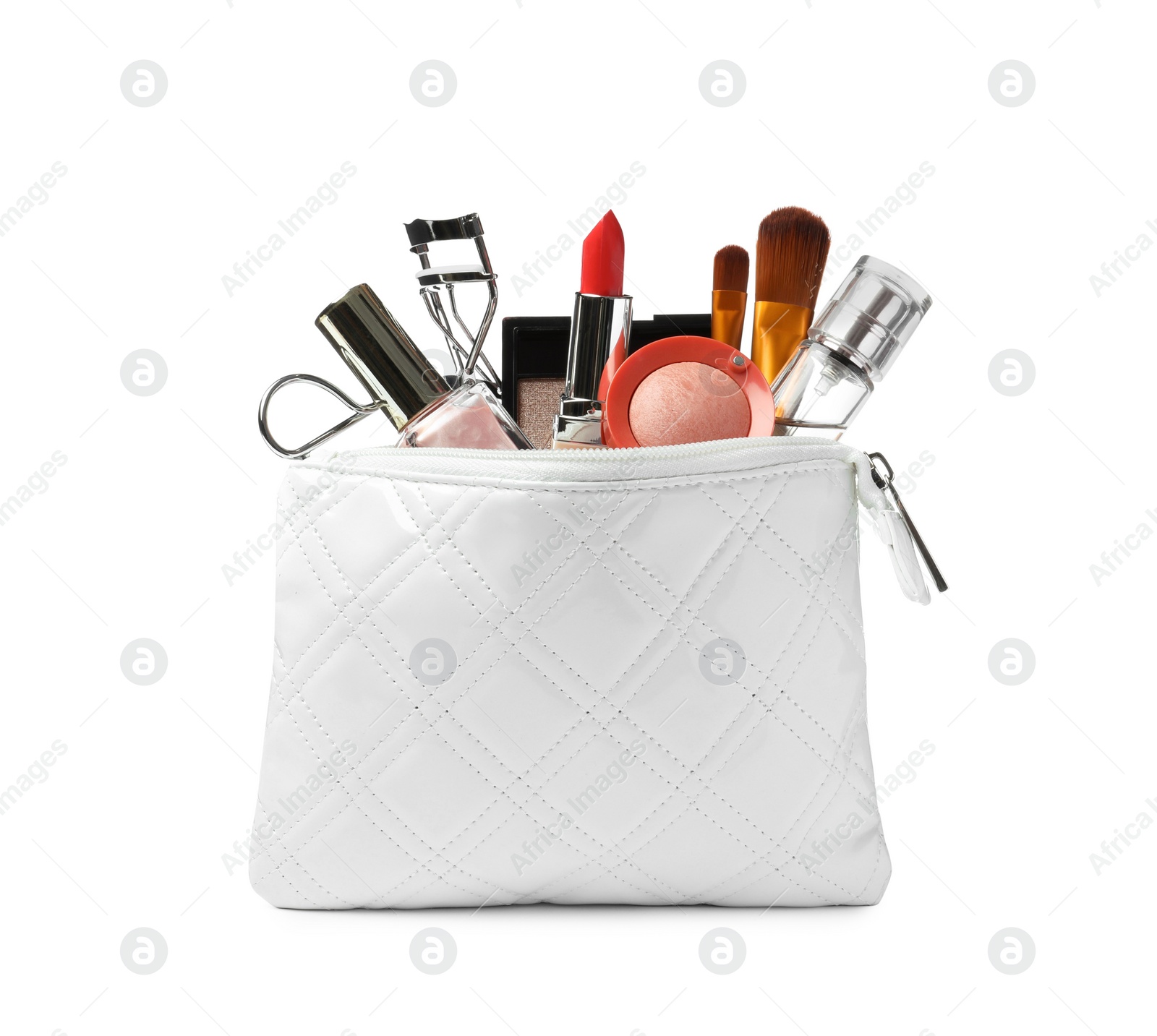 Photo of Stylish cosmetic bag with makeup products on white background