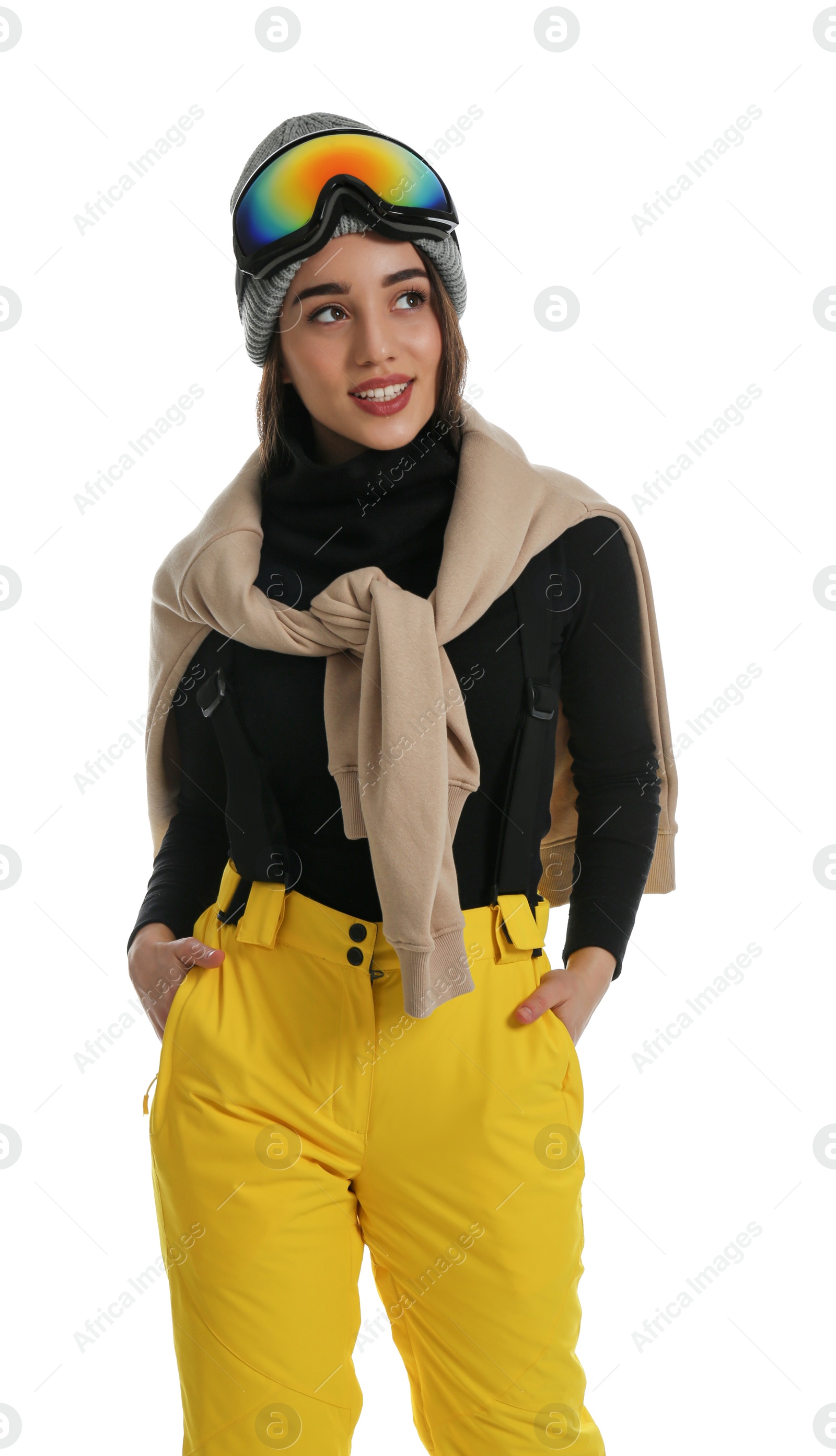 Photo of Woman wearing stylish winter sport clothes on white background