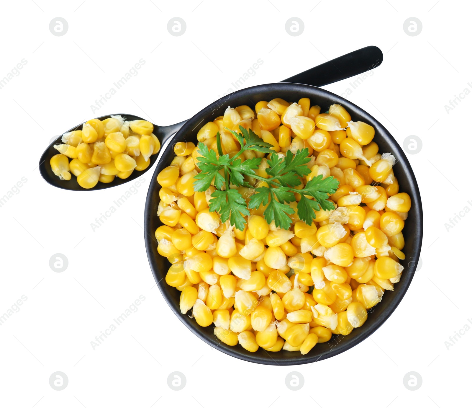 Photo of Bowl and spoon with tasty boiled corn on white background, top view