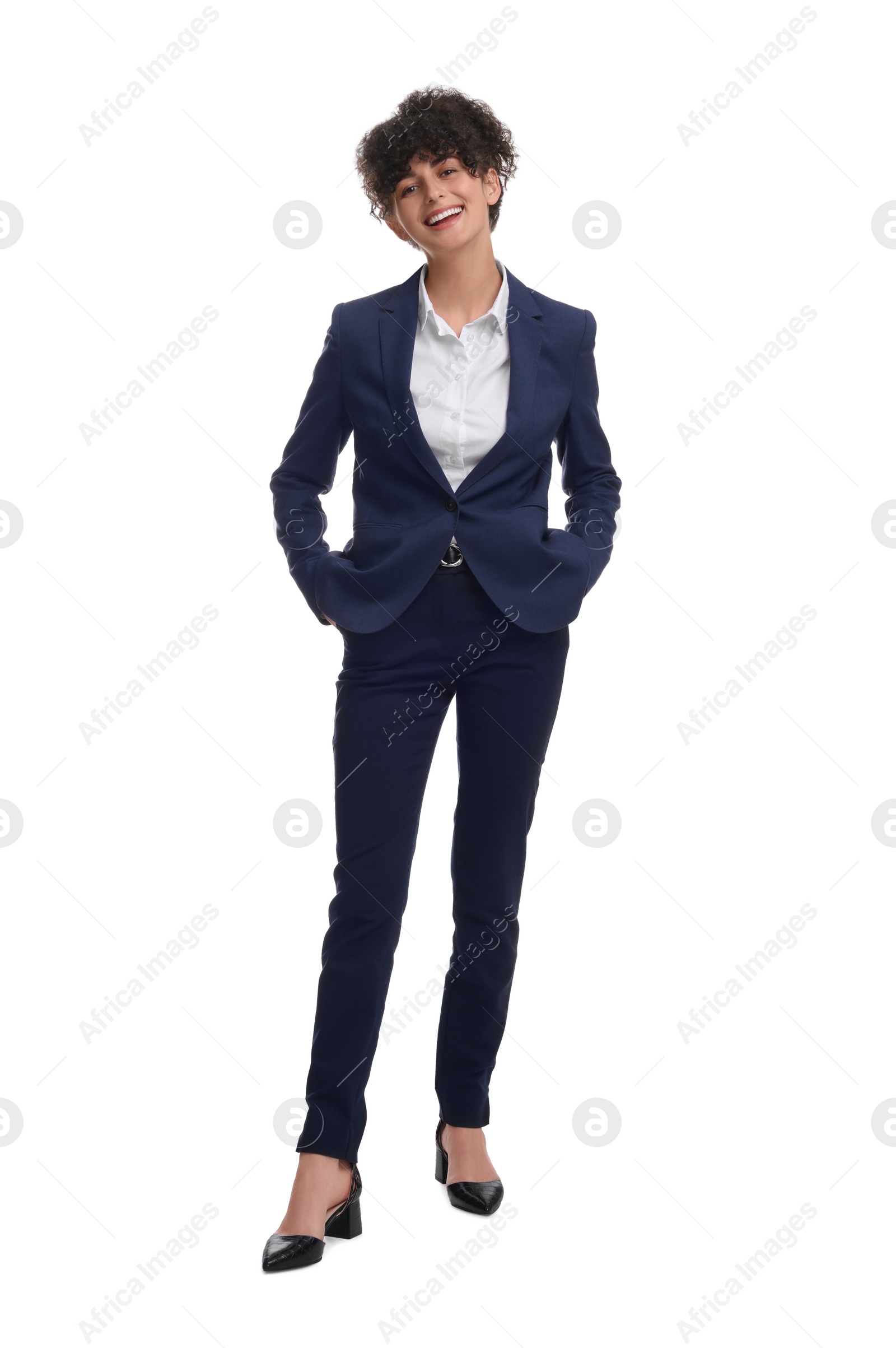 Photo of Beautiful young businesswoman in suit on white background