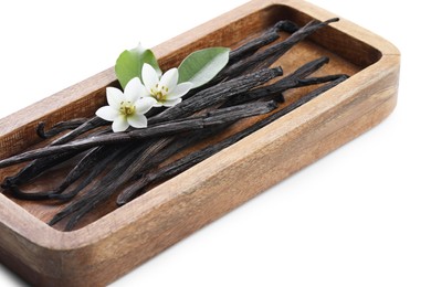 Photo of Vanilla pods, green leaves and flowers isolated on white