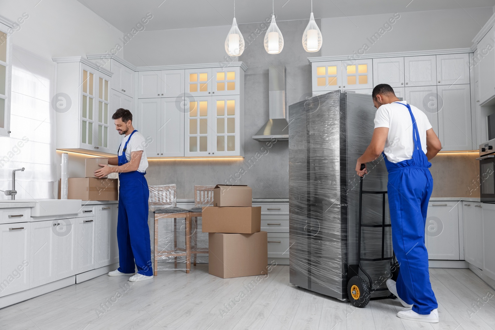 Photo of Male movers with cardboard boxes and refrigerator in new house