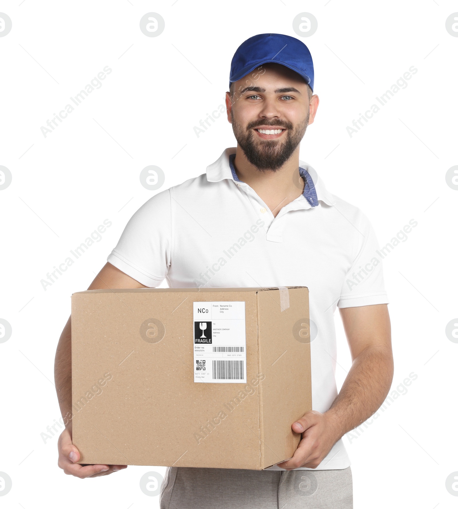 Photo of Courier holding cardboard box on white background